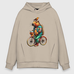 Толстовка оверсайз мужская Капибара велосипед птичка на голове, цвет: миндальный