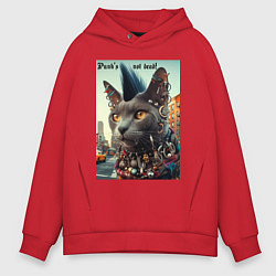 Толстовка оверсайз мужская Уличный кот панк музыкант - нейросеть, цвет: красный