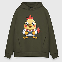 Толстовка оверсайз мужская Цыпленок геймер, цвет: хаки
