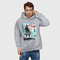 Толстовка оверсайз мужская Warrior samurai - ai art watercolor, цвет: меланж — фото 2