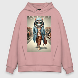 Толстовка оверсайз мужская Модный кот в очках на дефиле животных, цвет: пыльно-розовый