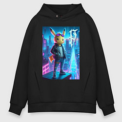 Толстовка оверсайз мужская Чувак Пикачу в мегаполисе - урбан нейроарт, цвет: черный