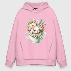 Толстовка оверсайз мужская Милый кролик акварельная чашечка цветы, цвет: светло-розовый