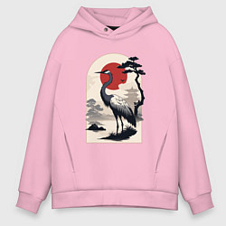 Толстовка оверсайз мужская Журавль и солнце в японском стиле, цвет: светло-розовый