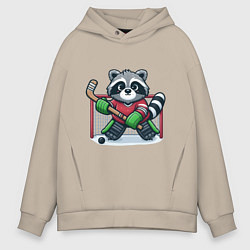 Толстовка оверсайз мужская Енот хоккеист вратарь, цвет: миндальный
