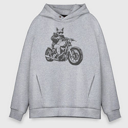 Толстовка оверсайз мужская Сфинкс мотоциклист на чоппере кот байкер, цвет: меланж