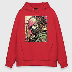 Толстовка оверсайз мужская Cyber girl in a respirator - ai art fantasy, цвет: красный