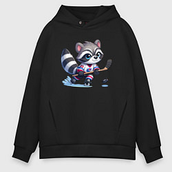 Толстовка оверсайз мужская Енотик хоккейный форвард - нейроарт, цвет: черный