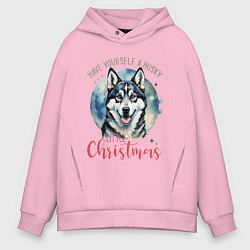Толстовка оверсайз мужская Новогодний хаски, цвет: светло-розовый