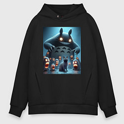 Толстовка оверсайз мужская Тоторо среди привидений и чёрного кота, цвет: черный