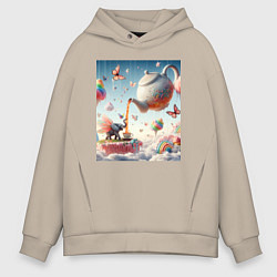 Толстовка оверсайз мужская Чаепитие крылатого слона - психоделика, цвет: миндальный