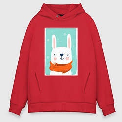 Толстовка оверсайз мужская Снежный заяц с шарфом, цвет: красный