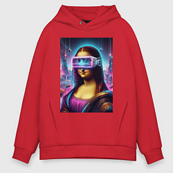 Толстовка оверсайз мужская Джоконда в виртуальных очках - киберпанк, цвет: красный