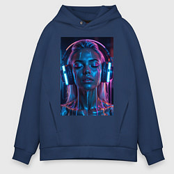 Толстовка оверсайз мужская Девушка с наушниками в неоне, цвет: тёмно-синий