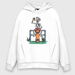 Толстовка оверсайз мужская Скелетик скейтер с пиццей, цвет: белый