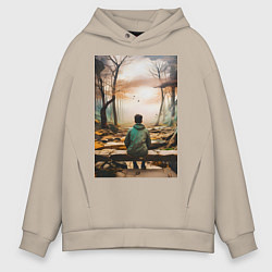 Толстовка оверсайз мужская Мальчик на скамейке, цвет: миндальный