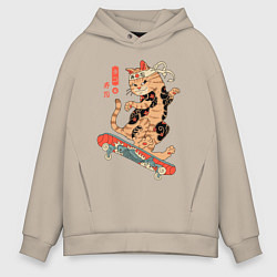Толстовка оверсайз мужская Кот самурай - скейтбордист, цвет: миндальный