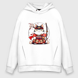 Толстовка оверсайз мужская Кот самурай на фоне луны, цвет: белый