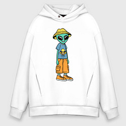 Толстовка оверсайз мужская Инопланетянин в шляпе, цвет: белый