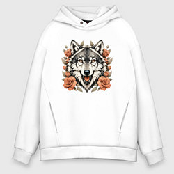 Толстовка оверсайз мужская Голова волка в цветах, цвет: белый