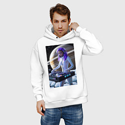 Толстовка оверсайз мужская Девушка космо DJ на фоне сатурна, цвет: белый — фото 2