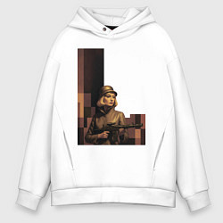 Толстовка оверсайз мужская Женщина с автоматом ретрофутуризм поп-арт 1970-е, цвет: белый