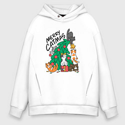 Толстовка оверсайз мужская Merry catmas, цвет: белый