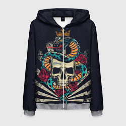 Толстовка 3D на молнии мужская Змея с короной на черепе, цвет: 3D-меланж