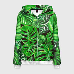 Толстовка 3D на молнии мужская Тропические листья на темном фоне, цвет: 3D-белый