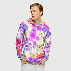 Толстовка 3D на молнии мужская ЦВЕТОЧНАЯ МОЗАИКА РОМАШКИ, РОЗЫ, ПЕТУНЬИ, цвет: 3D-меланж — фото 2