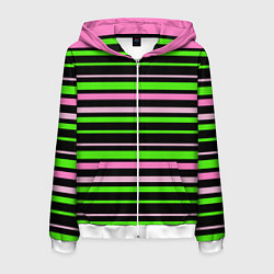 Мужская толстовка на молнии Полосаты узор в зелено-розовых оттенках на черном