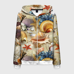 Мужская толстовка на молнии Морские раковины, кораллы, морские звёзды на песке