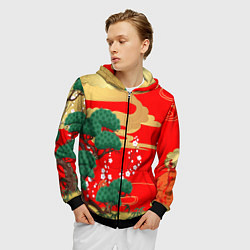 Толстовка 3D на молнии мужская Японский пейзаж на красном, цвет: 3D-черный — фото 2