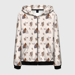 Толстовка 3D на молнии мужская Хюгге паттерн с домиками и цветами хлопка, цвет: 3D-черный