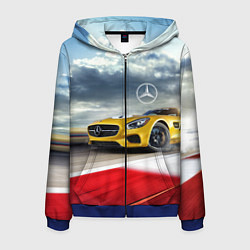 Толстовка 3D на молнии мужская Mercedes AMG V8 Biturbo на трассе, цвет: 3D-синий