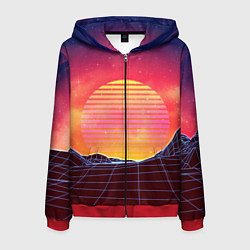 Толстовка 3D на молнии мужская Абстрактные 3D неоновые горы на закате, цвет: 3D-красный
