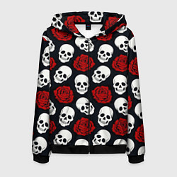 Толстовка 3D на молнии мужская Весёлые черепки и розы, цвет: 3D-черный