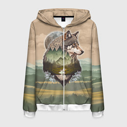 Толстовка 3D на молнии мужская Портрет волка в технике двойной экспозиции, цвет: 3D-белый