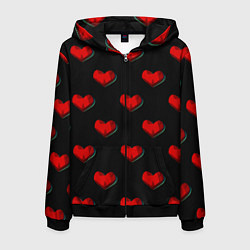 Толстовка 3D на молнии мужская Красные сердца полигоны, цвет: 3D-черный