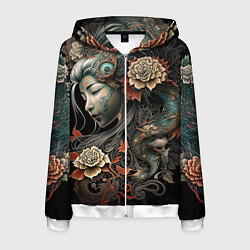 Толстовка 3D на молнии мужская Японская девушка Irezumi, цвет: 3D-белый