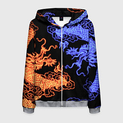 Толстовка 3D на молнии мужская Парящие неоновые драконы, цвет: 3D-меланж