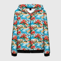 Толстовка 3D на молнии мужская Гавайский стиль летние цветы, цвет: 3D-черный
