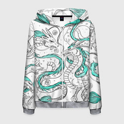 Мужская толстовка на молнии Дракон Хаку в стиле тату: белый и бирюзовый паттер