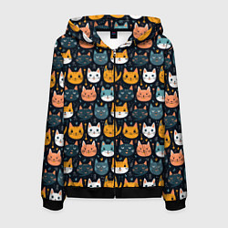 Толстовка 3D на молнии мужская Мордочки мультяшных котов узор, цвет: 3D-черный