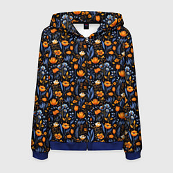 Толстовка 3D на молнии мужская Цветы на темном фоне узор, цвет: 3D-синий