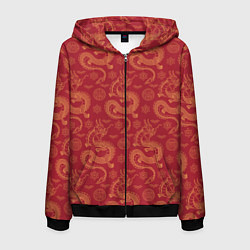 Толстовка 3D на молнии мужская Dragon red pattern, цвет: 3D-черный