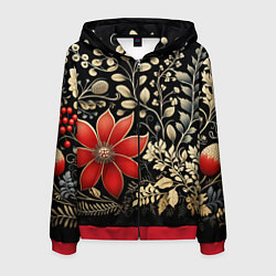 Толстовка 3D на молнии мужская Новогодние цветы и листья, цвет: 3D-красный