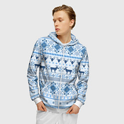 Толстовка 3D на молнии мужская Blue sweater with reindeer, цвет: 3D-белый — фото 2