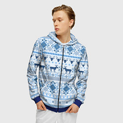 Толстовка 3D на молнии мужская Blue sweater with reindeer, цвет: 3D-синий — фото 2