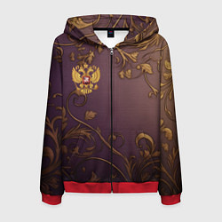 Толстовка 3D на молнии мужская Герб России золотой на фиолетовом фоне, цвет: 3D-красный